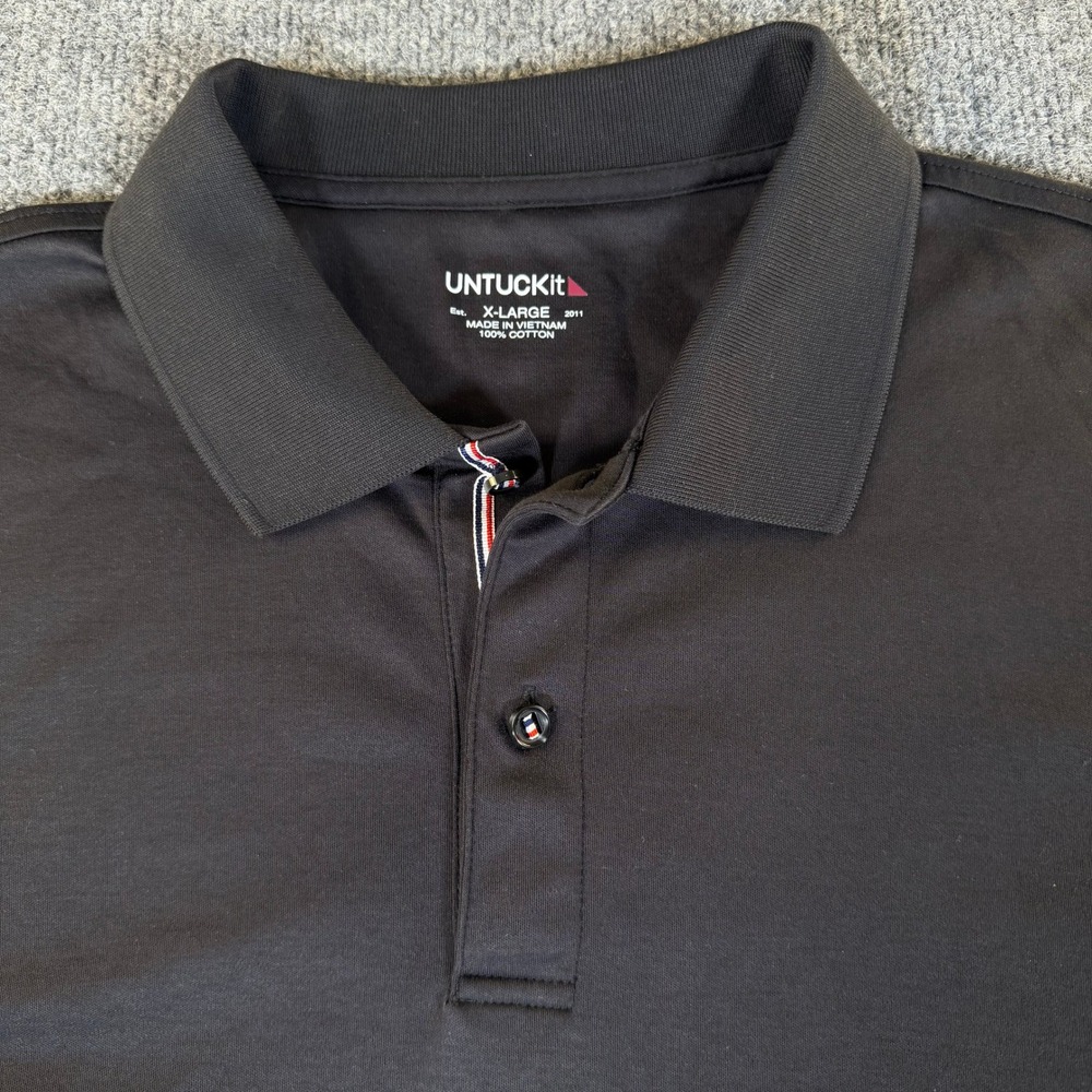 UNTUCKit Mens XL Black Cotton Short Sleeve Polo Shirt Striped Placket Trim #3907